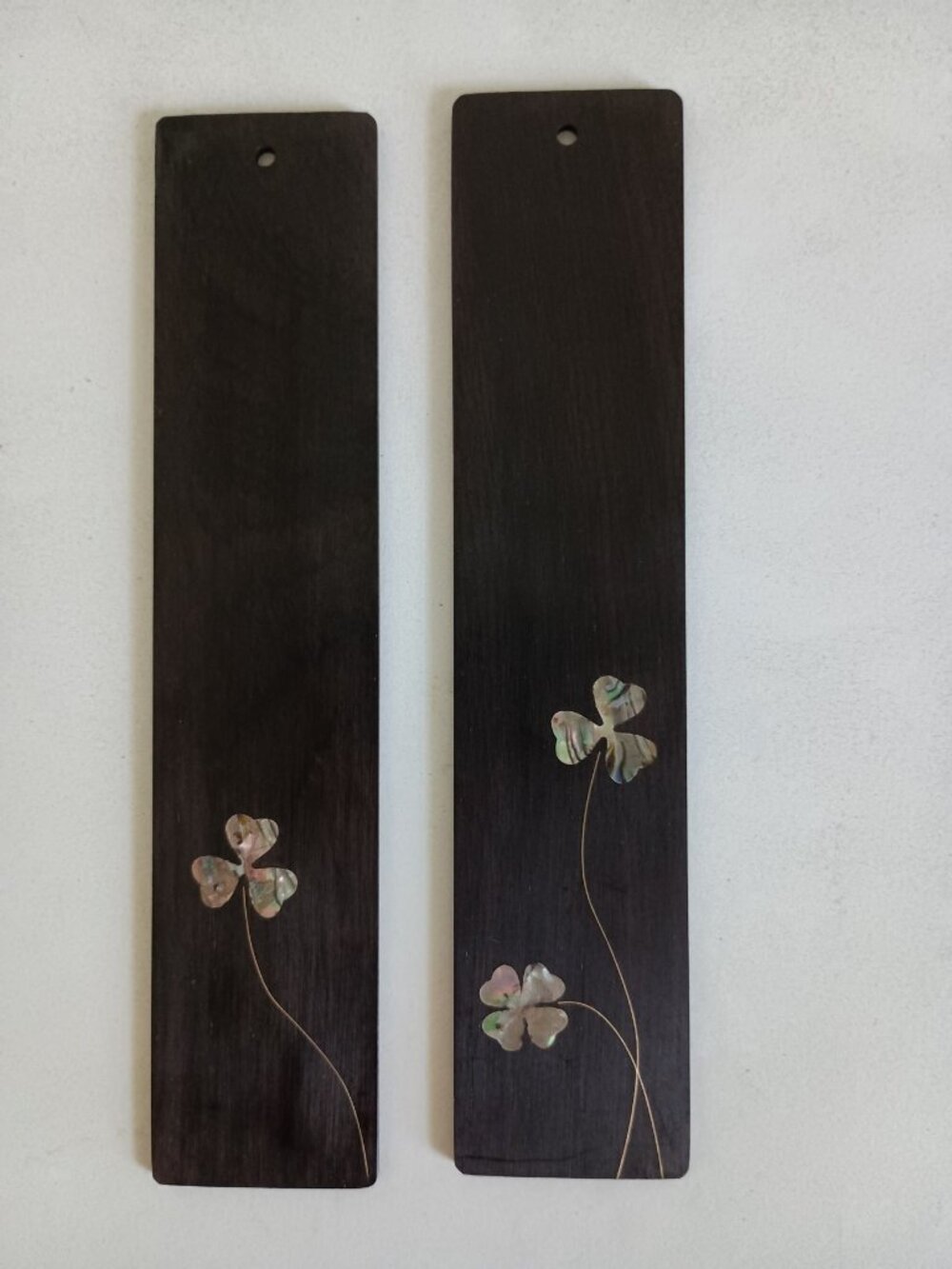 2 wood bookmarks with mother of pearl inlay clovers